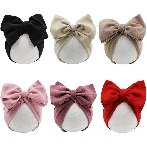 Baby Girl Velvet Big Hair Bow Knotted Head Wrap Oversized Bow Beanie India Cap Warm for Newborn Infant Toddlers 6PCS