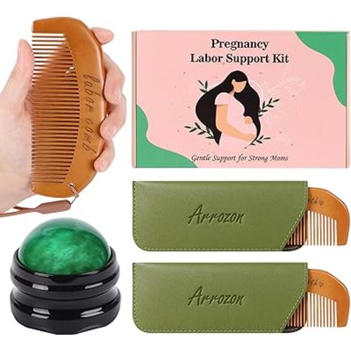 Arrozon 2 Pcs Labor Comb & Green Massage Roller Ball Kit, Birthing Comb Hospital Bag Essentials, Birth comb Labor and Delivery Essentials, Wooden Combs Pregnancy Gift