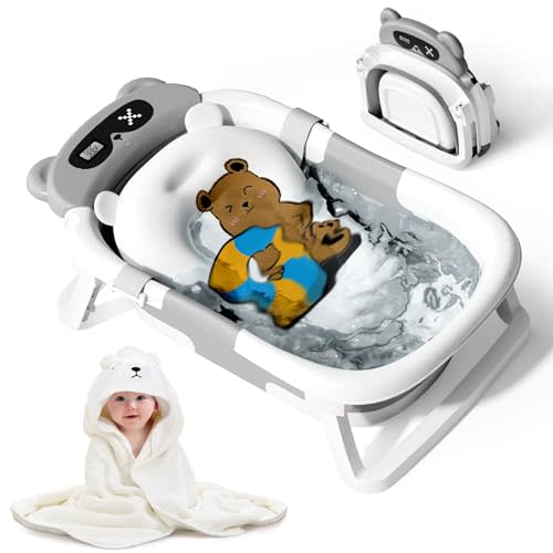 Kerbwry Collapsible Baby Bathtub for Newborn to Toddler (0-18 M) - Portable Baby Tub with Thermometer, Newborn Bathtub with Soft Towel and Floating Cushion (Gray)