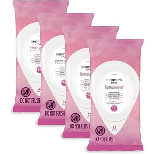 Summer's Eve Simply Sensitive Daily Gentle Feminine Wipes, Removes Odor, pH balanced, 32 count, 4 Pack
