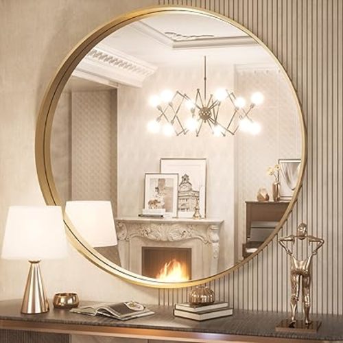TokeShimi Round Gold Mirror 36 Inch Round Bathroom Mirror for Wall with Non-Rusting Aluminum Alloy Brushed Gold Matte Metal Frame Modern Circle Mirror Fit in Minimalist Multi Style Home Decor