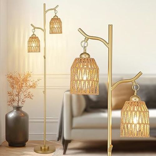 Boho Floor Lamp 2 Light Farmhouse Rattan Tall Floor Lamp for Living Room, Foot Switch, Vintage Standing Tree Lamp for Bedroom, Office, Study Room, Dining Room, Gold