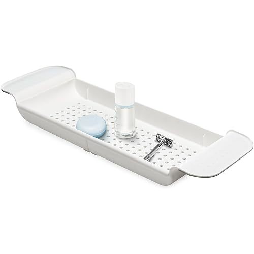 Madesmart Expandable Bath Tray for Bathtubs, Plastic Shower and Bath shelf caddy, white, Multifunctional bathtub bathroom organizer, Premiumwhite