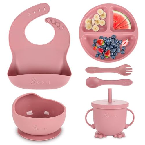 Silicone Feeding Set|Baby Led Weaning Supplies|Suction Plate Bowl Set with Bib, Spoon, Fork, Sippy Cup|Feeding Eating Supplies BPA Free