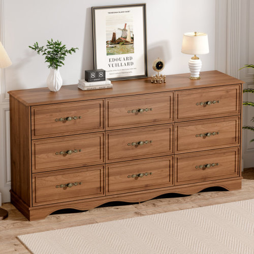 Winston Porter Mid Century Modern 9 Drawers Dresser For Bedroom,63" Wide Wood Rustic Chest Of Drawers With Metal Handle,with Anti-tipping Device,drawer Organizer For Bedroom,living Room,hallway And Entryway,walnut | Wayfair
