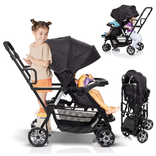 Funyard Sit-Stand Double Stroller,Lightweight Travel Stroller Folding Stroller for Newborn&Toddler with Standing Platform,5-Point Harness,Canopy,Tray Table,Storage Basket