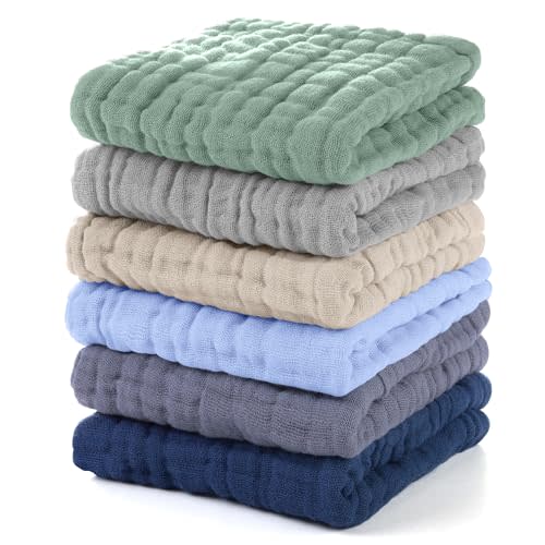 Unnivoll Muslin Baby Washcloths 6 Pack, 100% Cotton Wash Cloths for Babies, Large 12''X12'' Burp Cloths Absorbent and Soft for Newborn Infants Kids Boys Girls - Multicolor