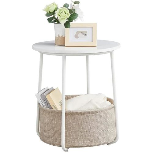 VASAGLE End Table, Small Bedside Table with Fabric Basket, Modern Nightstand, Round Side Table, for Living Room, Bedroom, Matte White and Camel Brown ULET223W10