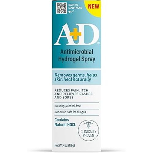 A+D Antimicrobial Hydrogel Spray – with Hypochlorous Acid, Removes Germs, Helps Heal Rashes & Irritations, Reduces Itch & Pain, Alcohol-Free, Non-Sting Formula, Safe for All Ages, 4oz