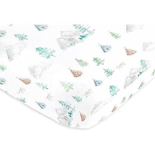 SwaddleDesigns Softest Cotton Muslin Fitted Crib Sheet, Toddler Sheet for Boys & Girls, Fits Standard Crib Mattress (28 x 52 inches), Watercolor Mountains & Trees