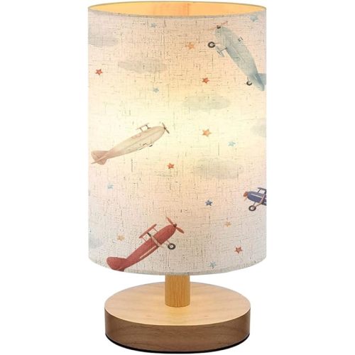 Bedside Lamp for Bedroom, Cute Kids Watercolor Pattern for a boy Airplanes Clouds Small Lamp, Linen Lampshade Table Lamp, Dimmable Nightstand Lamp with Woodbase for Living Room Office
