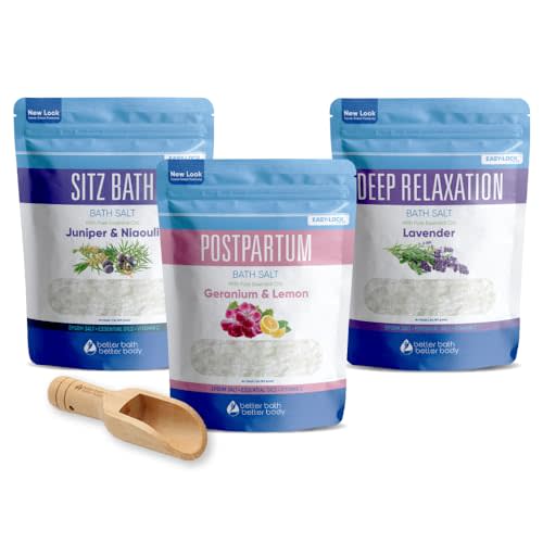 Postpartum Bath Bundle (3 Pack of 2 Lbs Total 6 Lbs with Scoop) Soothing Soaks with Sitz Salt and Deep Relaxation Bath Salt with Natural Pure Essential Oils in BPA Free Pouch Made in USA