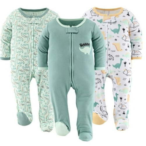 The Peanutshell Baby Sleep n Play Footed Pajamas for Baby Boys, Green Dino, 3 Pack, 3-6 Months