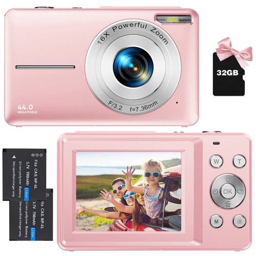 Digital Camera Kids Camera FHD 1080P 44MP Vlogging Camera with 16X Digital Zoom Portable Mini Digital Camera for Kids Teens Seniors with 32GB Card (Pink)