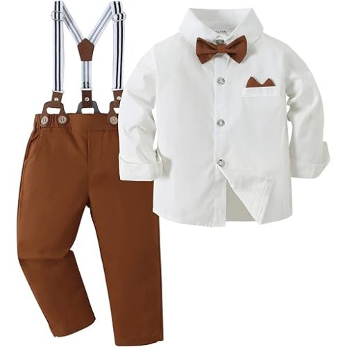 YALLET Toddler Baby Boy Clothes Suit Gentleman Wedding Outfits, Formal Dress Shirt+Bowtie+Vest+Boutonniere+Suspender Pants 12-18 M