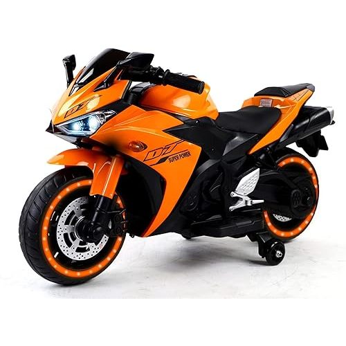 Kids Motorcycle 12V Motorcycle for Kids 3 4 5 6 Years Boys Girls 12v7ah Kids Motorcycle Ride on Toy with Training Wheels/Manual Throttle/Drive by Hand/Lighting Wheels (Orange)