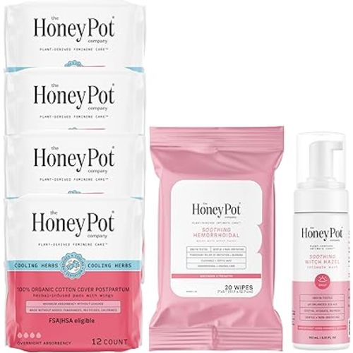The Honey Pot Company - Postpartum Essentials Bundle - 48ct Postpartum Pads, Witch Hazel Feminine Wash, 20ct Witch Hazel Feminine & Hemorrhoid Wipes