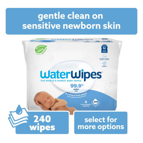 WaterWipes Original 99.9% Water Based Baby Wipes, Unscented, 4 Resealable Packs (240 Wipes)