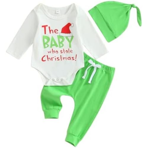 Lamuusaa Newborn Baby Christmas Outfit My First Christmas Romper Shirts Long Pants Hat 3Pcs Fall Outfits 0-3M