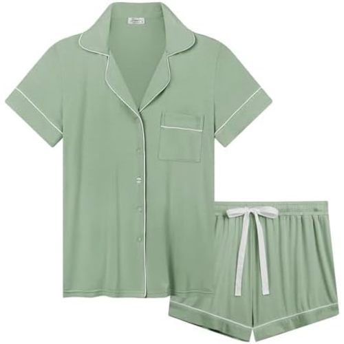 Cherrydew Women Cooling Breathable Pajama Bamboo Viscose Soft Sleepwear Short Sleeve Button Down Sleep Shorts Set Hot flashes