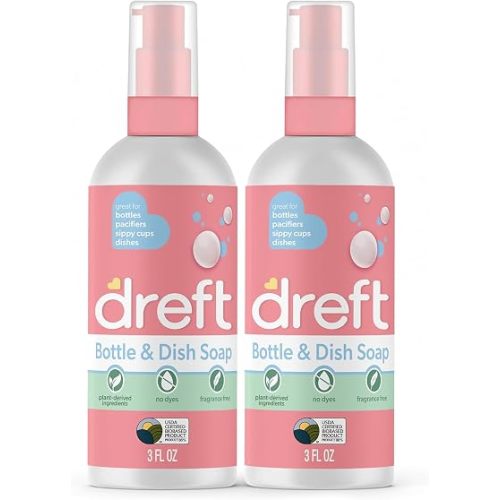 Dreft Bottle and Dish Soap | Made to Clean Baby Bottles, Sippy Cups, Pacifiers, Breast Pumps, & More | Gently Removes Milk Film & Odors | Plant Based, Fragrance Free Dish Soap | 3 Fl Oz (Pack of 2)