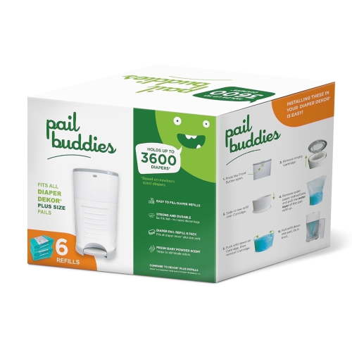 Pail Buddies Diaper Pail Refill Bags, Fresh Powder Scent, Fits Dekor Plus, 6 Count