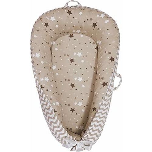 Baby Nest, Baby Lounger, Organic Cotton Lounger for Baby, Reversible Breathable Adjustable Portable - Star Collection (Tan)