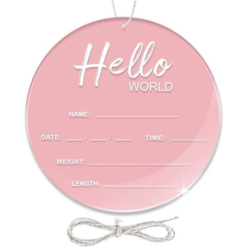 Baby Announcement Sign, 6.7 Inch Hello World Newborn Sign, Thickness Upgrade Baby Birth Name Sign for Nursery Baby Shower Hospital Newborn Photo Props Essentials (Pink)
