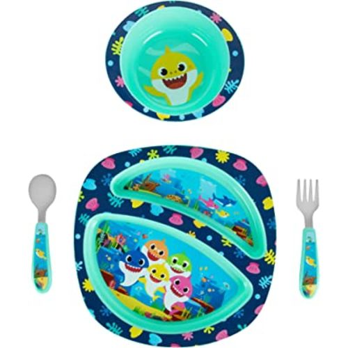 First Years Baby Shark Toddler Dinnerware Set - Includes Plate, Bowl, Fork and Spoon - 4 Count, Blue