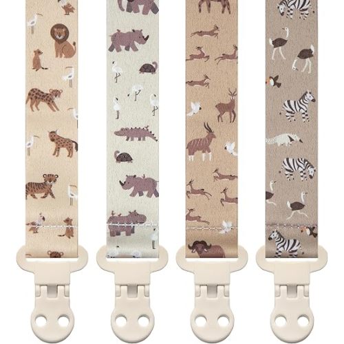 Baby Pacifier Clip Holder - Girl or Boy Unisex 4 Pack Gift Set – Boho Modern Neutral Animals Elephant Giraffe Zebra (Safari)