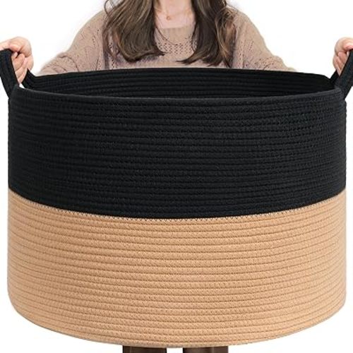 INDRESSME XXXLarge Cotton Rope Basket Woven Baby Laundry Basket Blanket Basket Toy Basket with Handle Comforter Cushions Storage Bin Thread Laundry Hamper - 21.7" x 21.7" x 13.8"