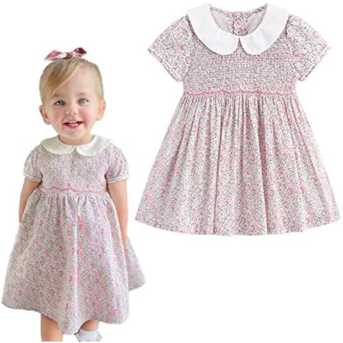 Simplee kids Baby Girl Smocked Dress Summer Casual Short Sleeve Dresses Floral Print Sundress Princess Dress for Toddlers