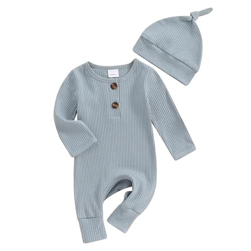 Infant Boys Girls Clothes Set Newborn Baby Romper Hat Ribbed Knit Long Sleeve Button Solid Bodysuit Jumpsuit