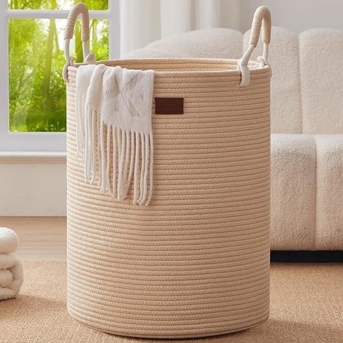 72L Extra Large Laundry Basket with Handles, Cotton Rope Woven Laundry Hamper, Decorative Storage Baskets for Toys, Blankets, Clothes in Living Room, Bedroom, Playroom, 16'' x 22'', Beige