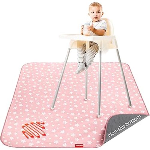 Baby Splat Mat Anti Slip Waterproof High Chair Mat, Baby Feeding Table Cloth Floor Mat Cover, Baby Art Playtime Mat for Craft/Mealtime, 42X46 Inch Washable Portable Picnic Mat - Pink Star
