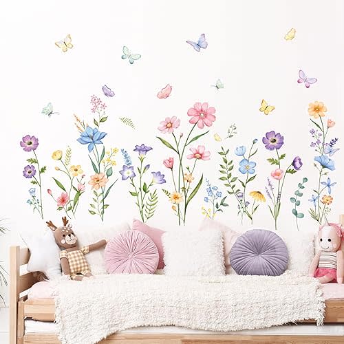 Flower Wall Decals Watercolor Wildflower Grass Butterflies Wall Stickers Peel and Stick Wall Art Decor for Girls Bedroom Living Room Home Office Wall Decor