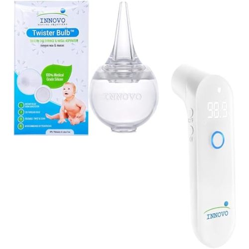 Innovo Ear Syringe and Nasal Aspirator and Touchless Forehead Thermometer Digital Bundle