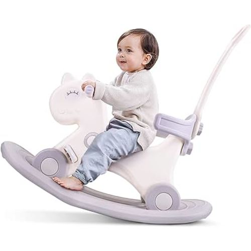 4 in 1 Rocking Horse for Toddlers 1-3 Years Old, Baby Rocking Toy Fun Birthday Gift for 1+ Kids, Ride on Toy with Detachable Balance Board and Footrest,Balance Bike with Push Handle,White