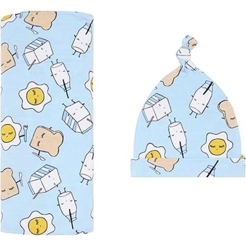 Little Sleepies Swaddle & Hat Set, Baby Swaddles Newborns, Soft Viscose from Bamboo Swaddle Blanket Wrap (Blue Breakfast Buddies)