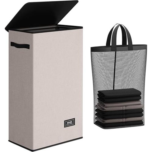SOLEDI Slim Laundry Hamper with Lid, Narrow Laundry Basket with Removable Bags, Dirty Clothes Hamper with handle, Small Hamper perfect for Laundry room, Bathroom, Bedroom, Small spaces.Light taupe