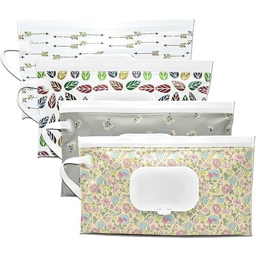 4 Packs Baby Wipes Dispenser,Portable Refillable Wipe Holder with Hanging Loop, Wet Wipes Container,Reusable Travel Baby Wipes Pouch for Indoor & Outdoor Using