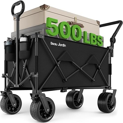 BEAU JARDIN Folding Push & Pull Beach Wagon 500 lbs Collapsible Foldable Wagons with Push Handle All Terrain Wheels Grocery Utility Camping Sports Garden Wagon Cart Black