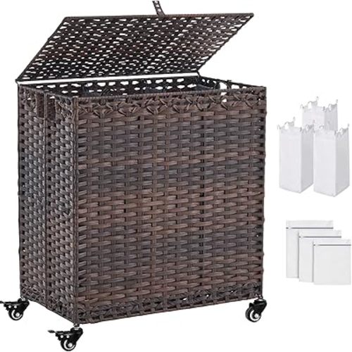 Laundry Hamper with Wheels&Lid, 50.2 Gallons(190L) Rolling Laundry Basket with Wheels, 3-Section Laundry Hamper, Handwoven Rattan Clothes Hamper with 3 Removable Liner&3 Mesh Laundry Bags, Brown