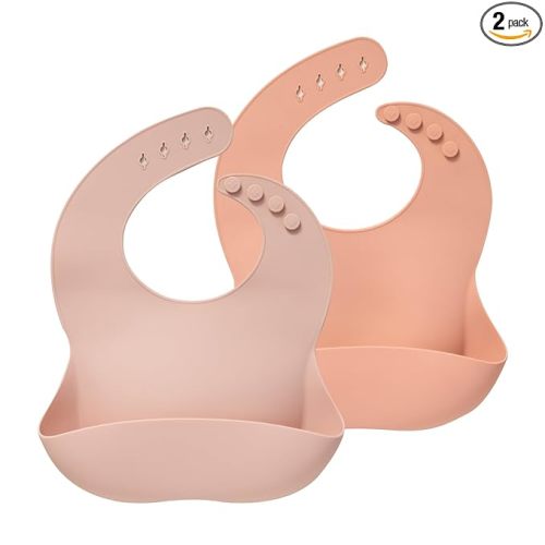 Moonkie Silicone Baby Bibs Set of 2, BPA Free Waterproof Baby Bibs for Eating, Soft Adjustable Silicone Bibs for Babies 6-12 Months, Toddler Bibs with Large Pocket Food Catcher (Blush/Muted)