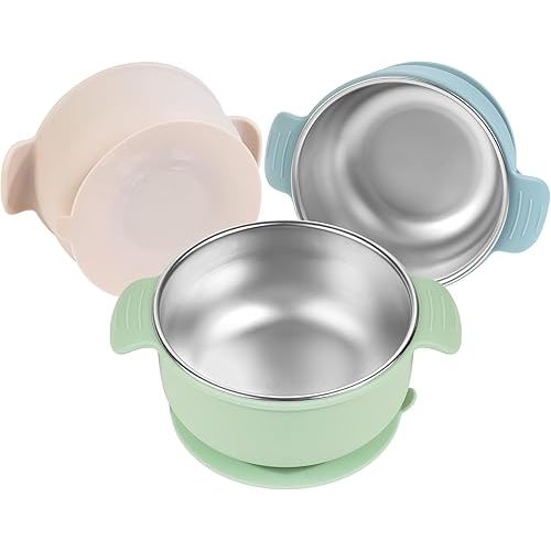 Stainless Steel and Silicone with Suction Baby Bowls 3 Packs 4.3” Kids Feeding,Non-Toxic&Lead-Free&Mess Free Toddler Bowl Set,Dishwasher Safe&Extra Strong Base&Fit Highchar Size,beige green blue