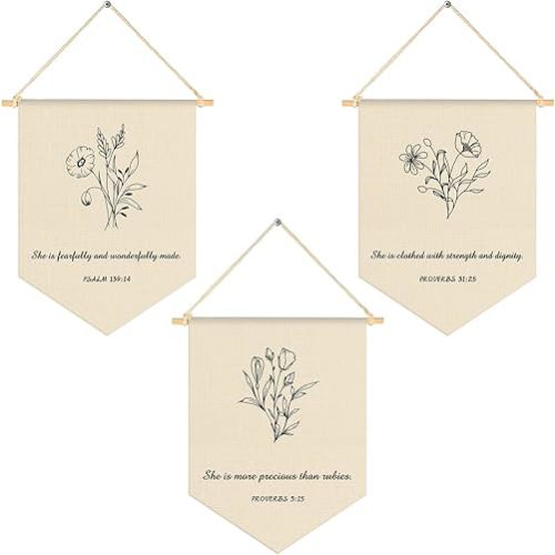 3 Pcs Nursery Scripture Bible Verse Christian Botanical Decor Canvas Hanging Pennant Flag Banner Floral Wall Signs for Bedroom Playroom Front Door Kids Baby Boy Girl Birthday Christmas Gift