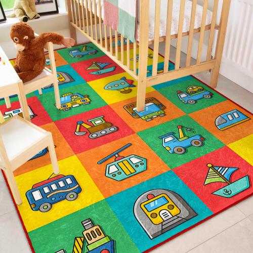 Colorful Transportation Baby Room Rug|Car Truck, Plane Nursery Carpet|Colorful Vehicles Kids Room Mat|Car Themed Babyroom Rug|Multicolor Rug