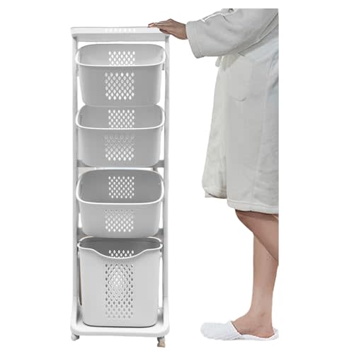 4-Tier Laundry Hamper Sorter, Laundry Storage Organizer with Wheels Removable Rolling Laundry Baskets, Bathroom Cart for Dirty Clothes