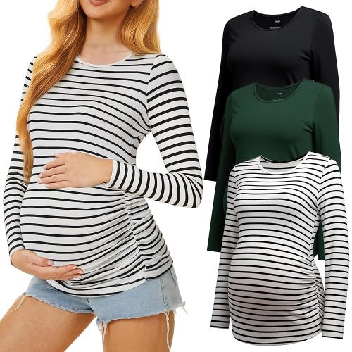 3 Pack Maternity Shirts Long Sleeve Pregnancy Top for Women with Crew Neck Casual Tee Shirts