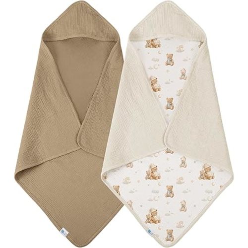 lulumoon Muslin Baby Hooded Towels: Soft & Absorbent Bath Towels for Newborns - Ideal for After Bath Routine & Registry Gift 2-Pack 32x32 Inch (Bear)